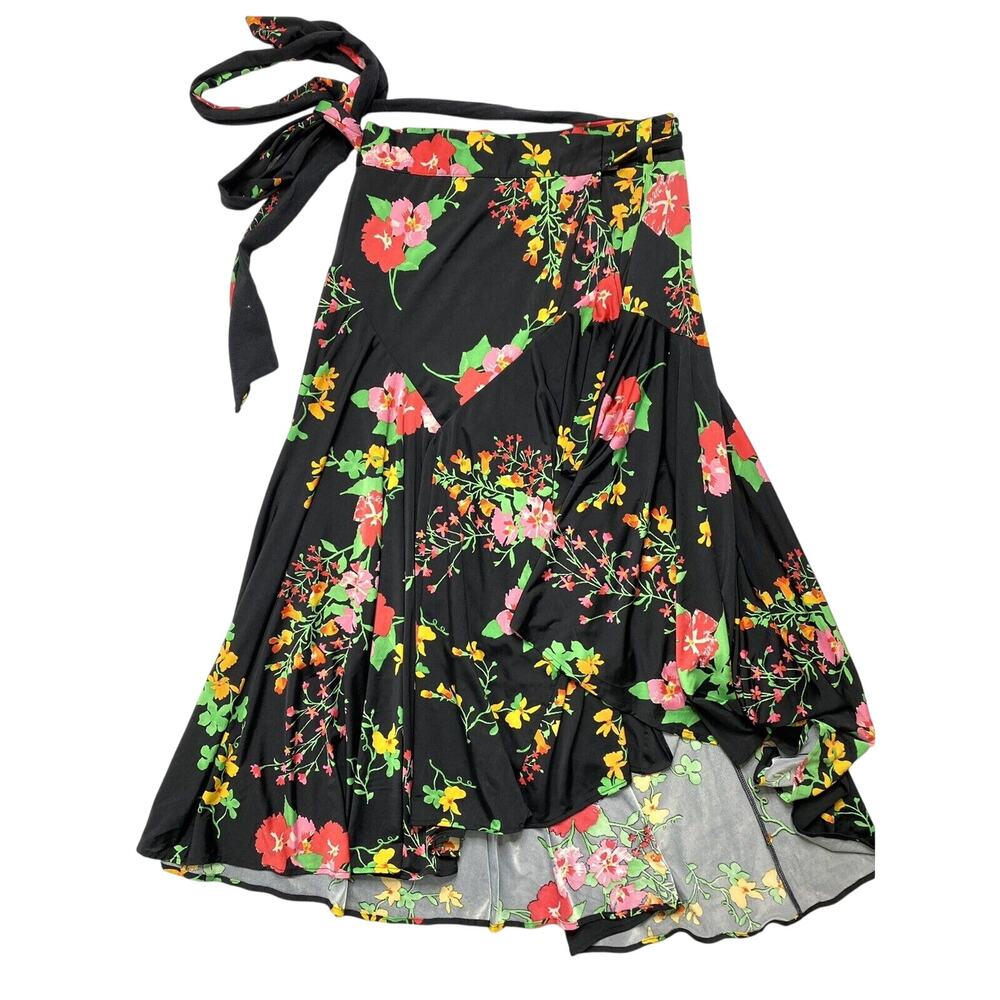 CABI Black Midnight Flowers Drama Wrap Midi Skirt Size Medium Modest #5700